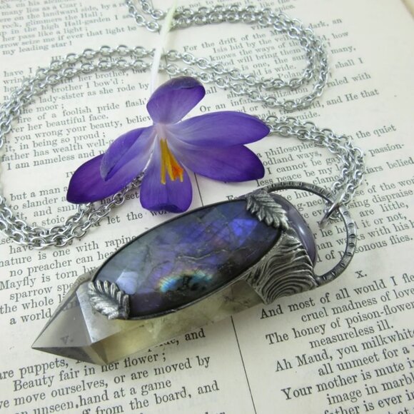 Callisto Jewelry Smoky Quartz Purple Labradorite Amethyst Crystal Pendant Chain - Picture 2 of 5